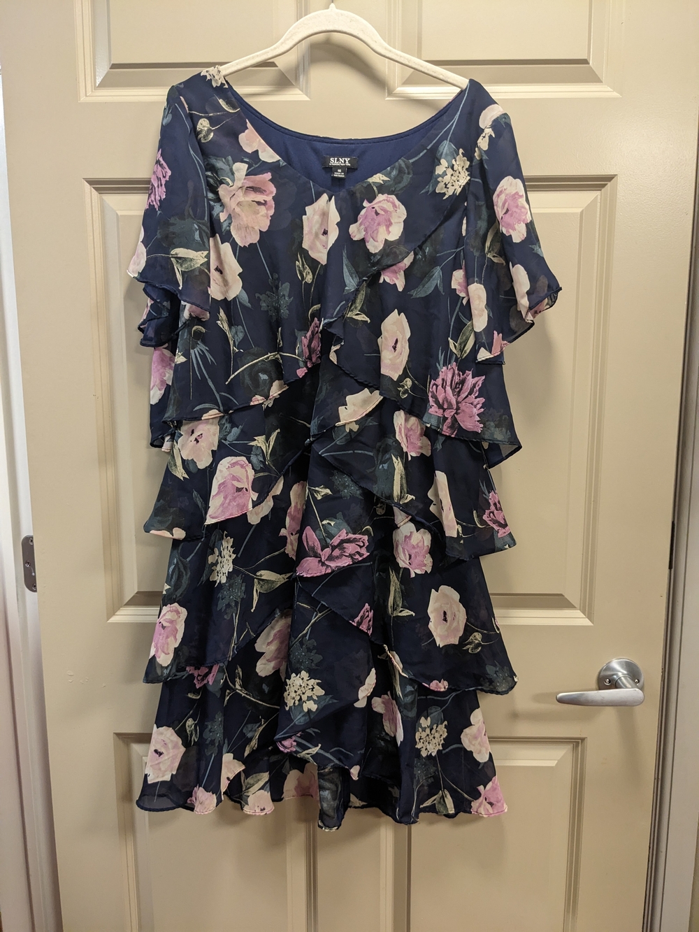 SLNY SL Fashions of NY: Navy Floral Tiered Ruffle Chiffon Mini Dress Size 16
